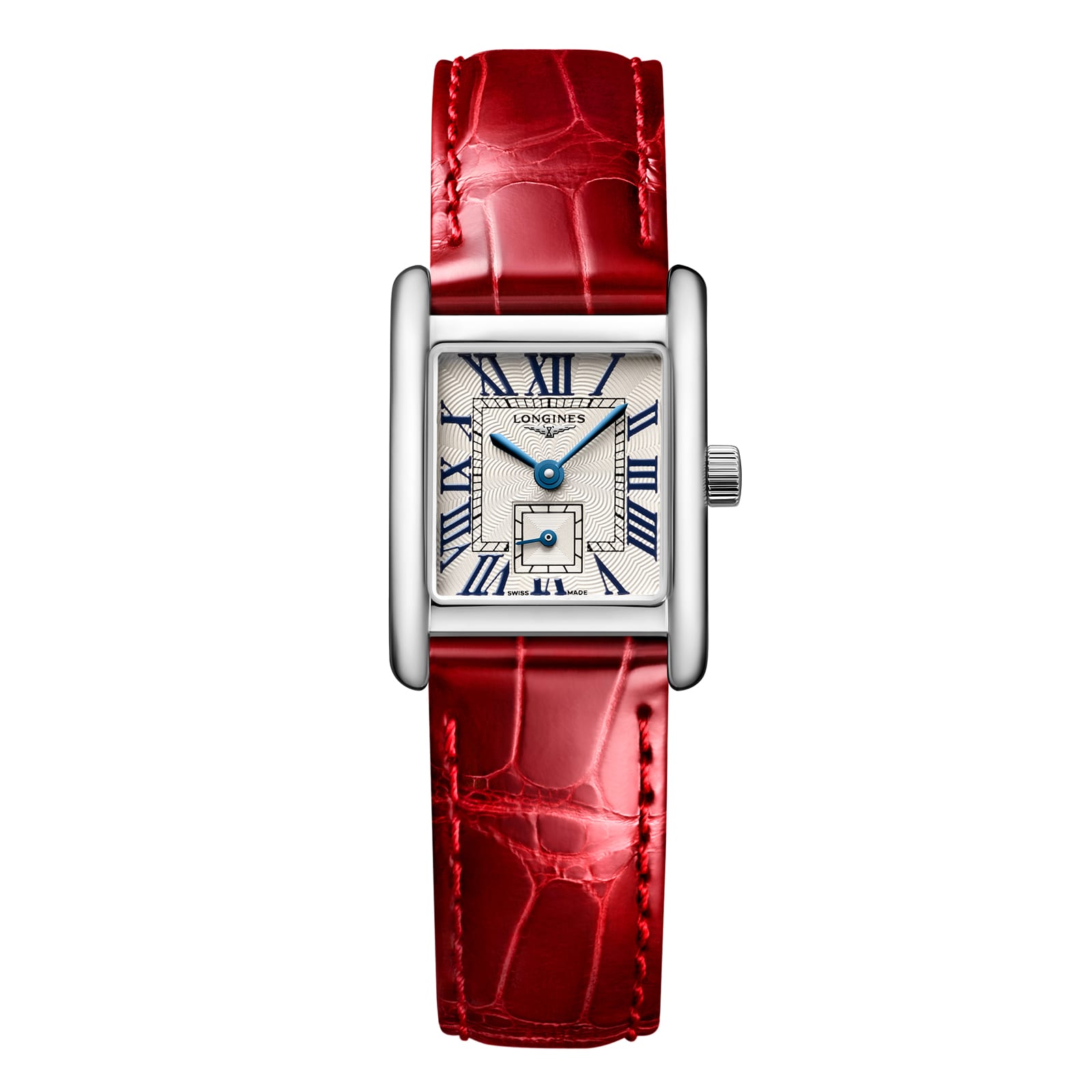 The Longines Mini DolceVita is a rectangular silver Swiss watch with a textured white dial, blue hands, Roman numerals, a glossy red leather strap, and an interchangeable system for versatile elegance.