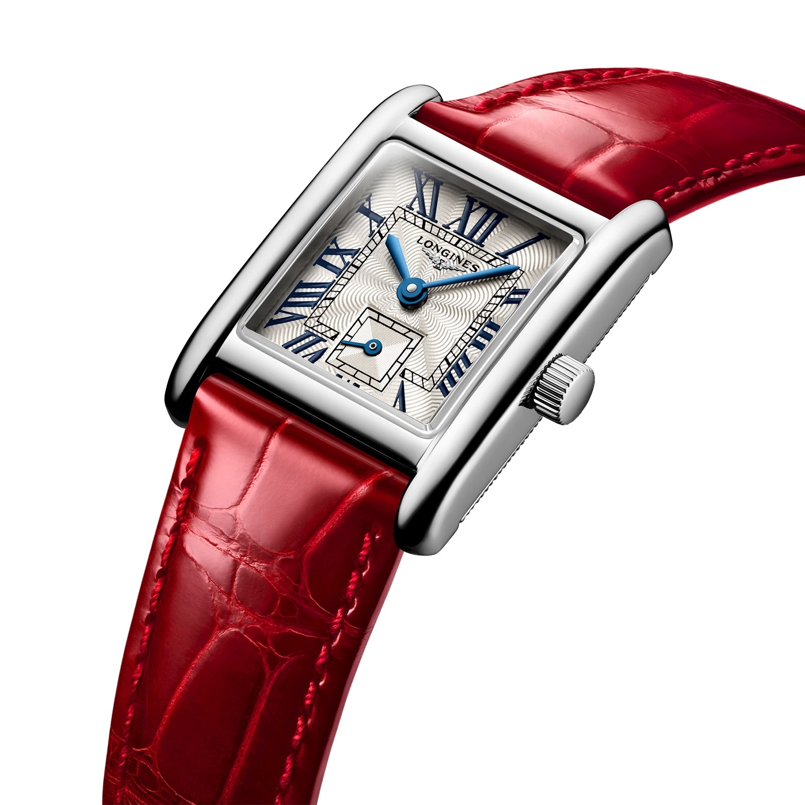 Rectangular silver Mini DolceVita by Longines with a white patterned dial, blue Roman numerals, small seconds subdial, and a red leather strap featuring an interchangeable system from the renowned Swiss brand.