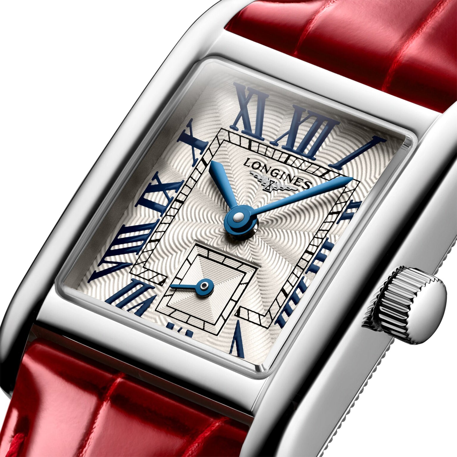 Close-up of a rectangular Longines Mini DolceVita wristwatch featuring blue hands, Roman numerals, a silver dial, and a red leather strap—an elegant timepiece from the renowned Swiss brand.