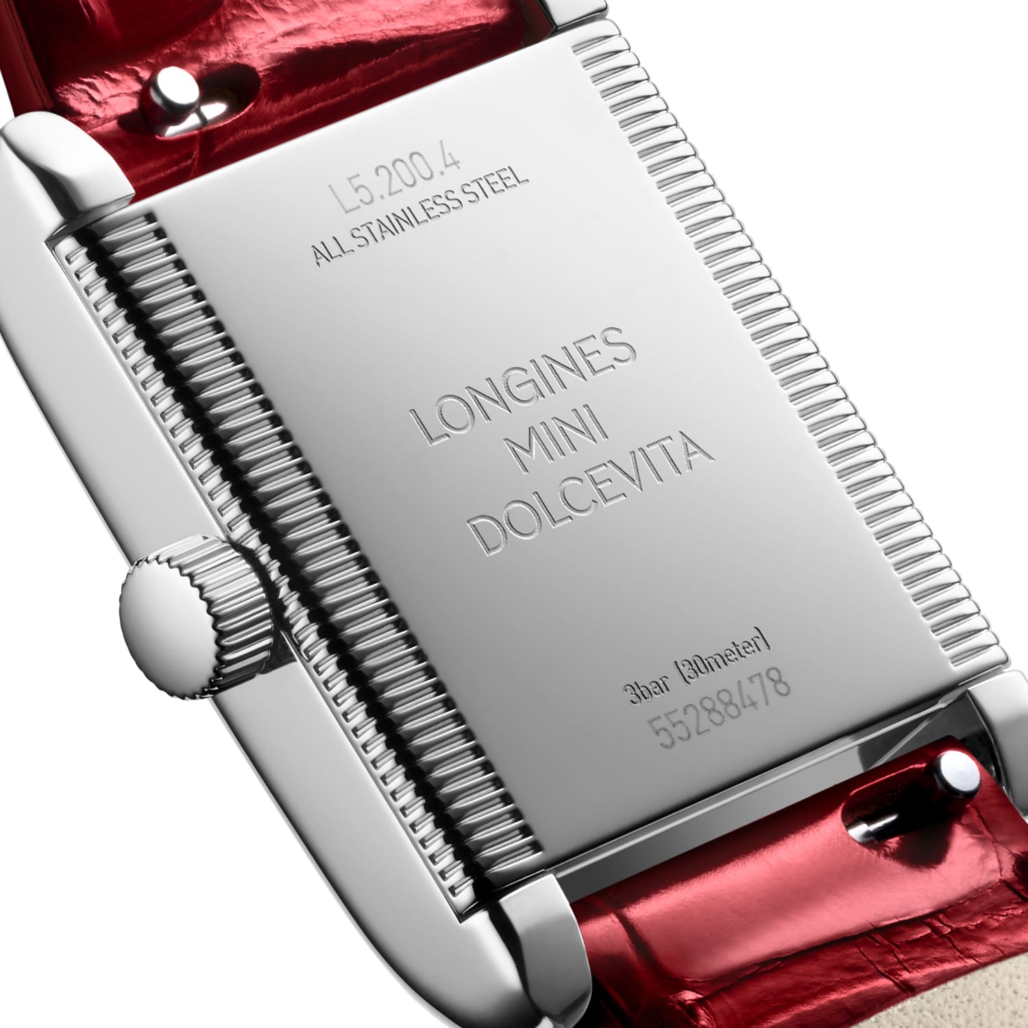 Close-up of the back of a Longines Mini DolceVita watch with a red leather strap, highlighting engraved model details and its stainless steel case from the renowned Swiss brand.