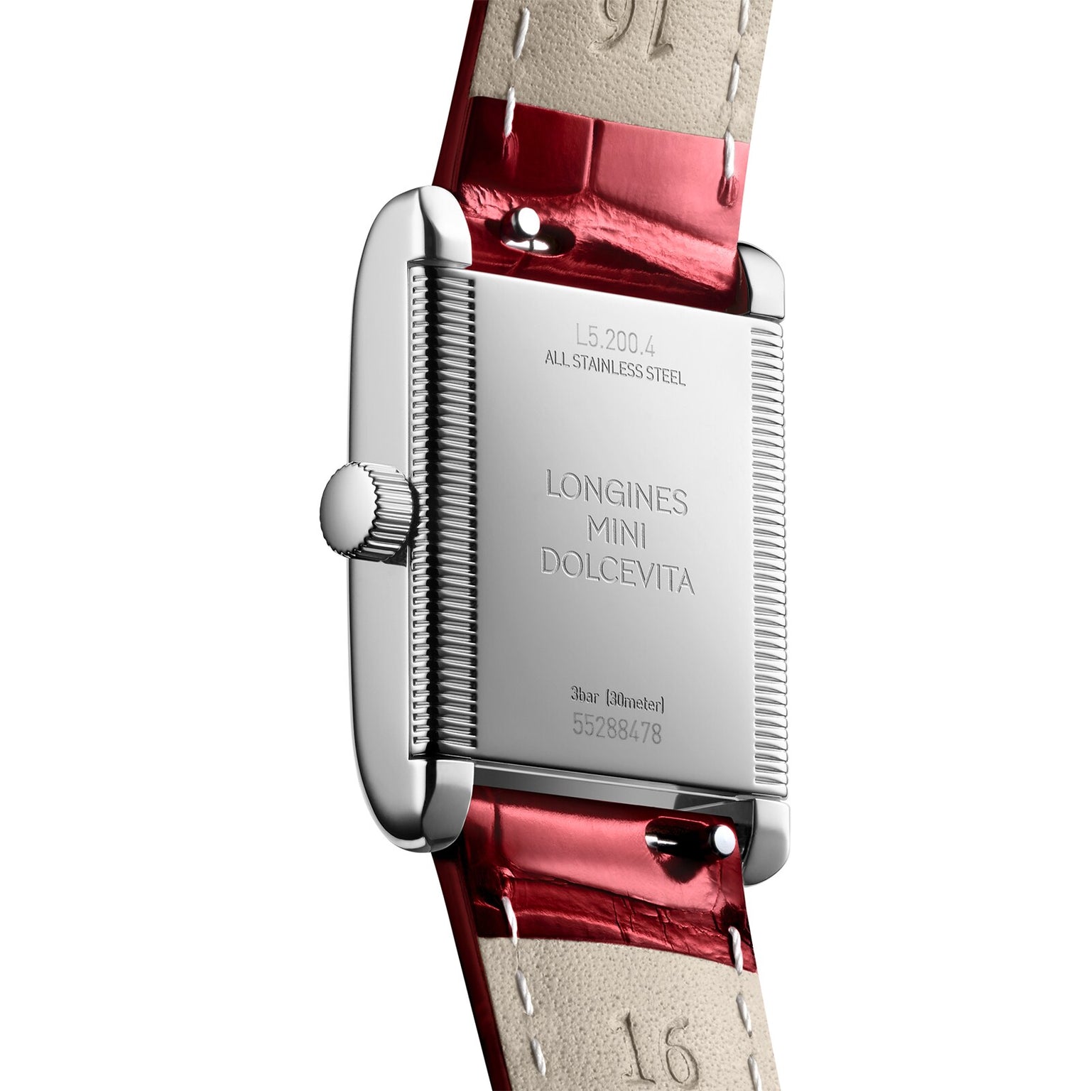 Close-up of the back of the Longines Mini DolceVita, featuring a red leather strap and engraved stainless steel case. The iconic Swiss watch also offers an interchangeable system for easy style updates.
