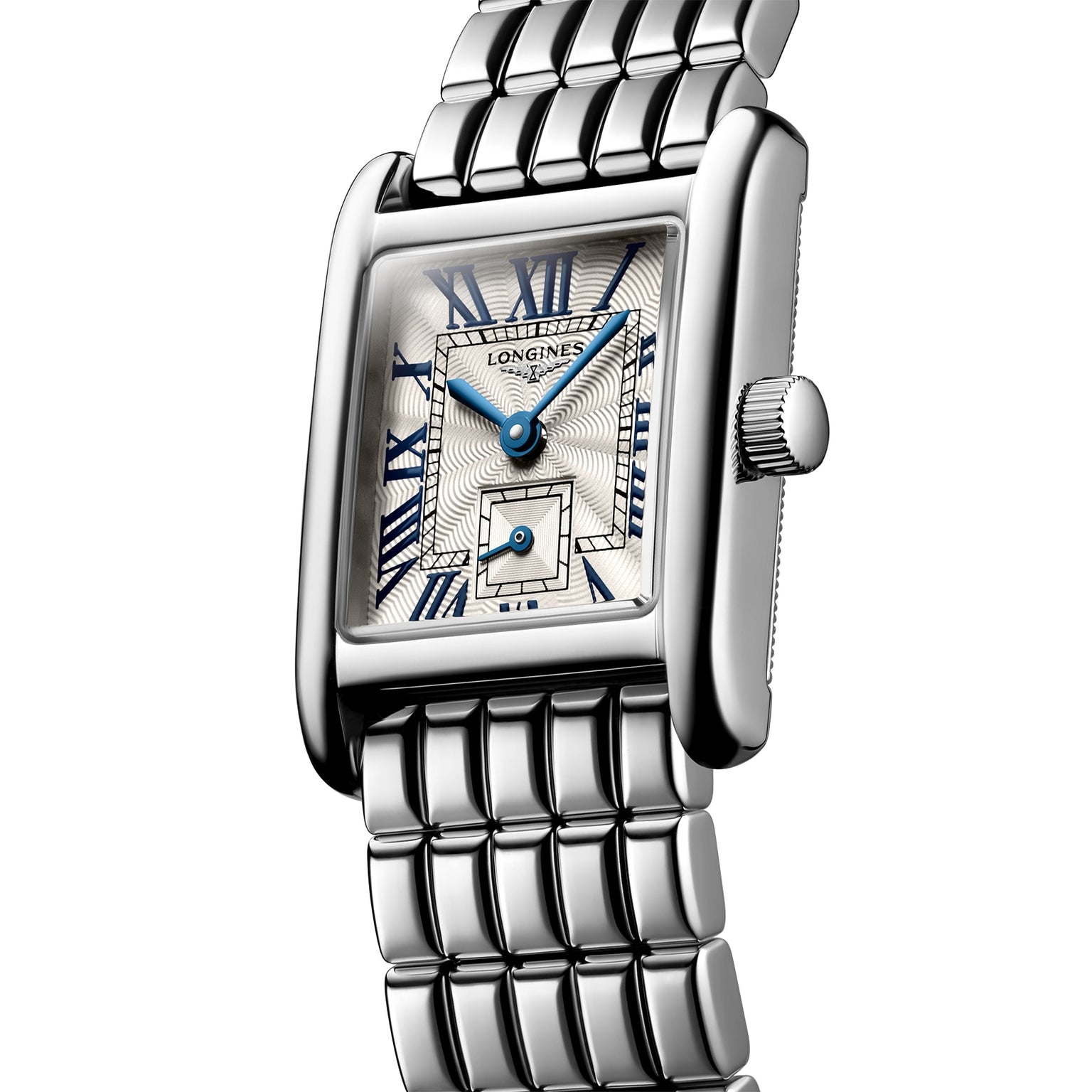 The Longines Mini DolceVita features a rectangular silver case, textured white dial with blue hands and Roman numerals, metal link bracelet, and small seconds subdial at 6 o’clock for modern sophistication.