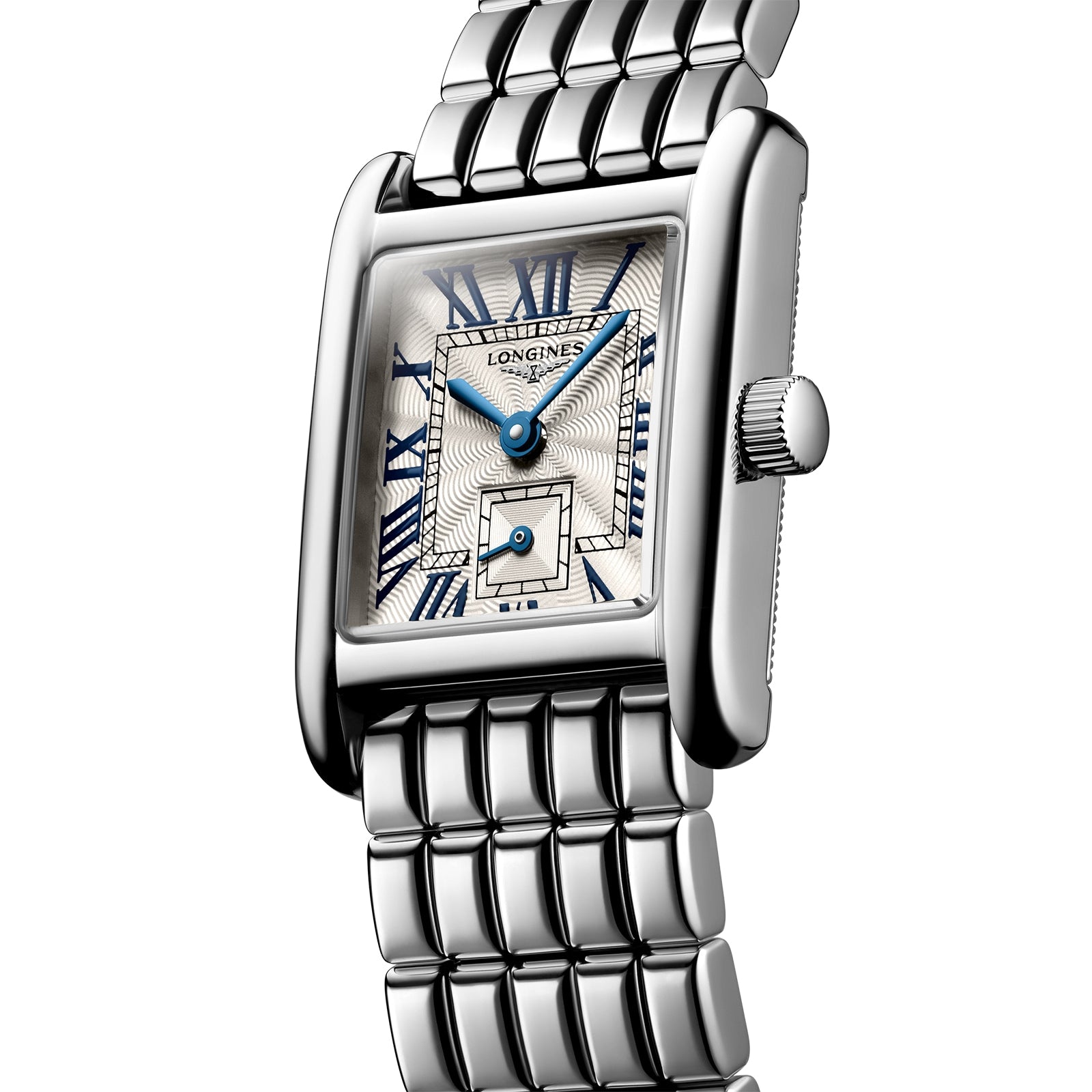 The Longines Mini DolceVita features a rectangular silver case, textured white dial with blue hands and Roman numerals, metal link bracelet, and small seconds subdial at 6 o’clock for modern sophistication.