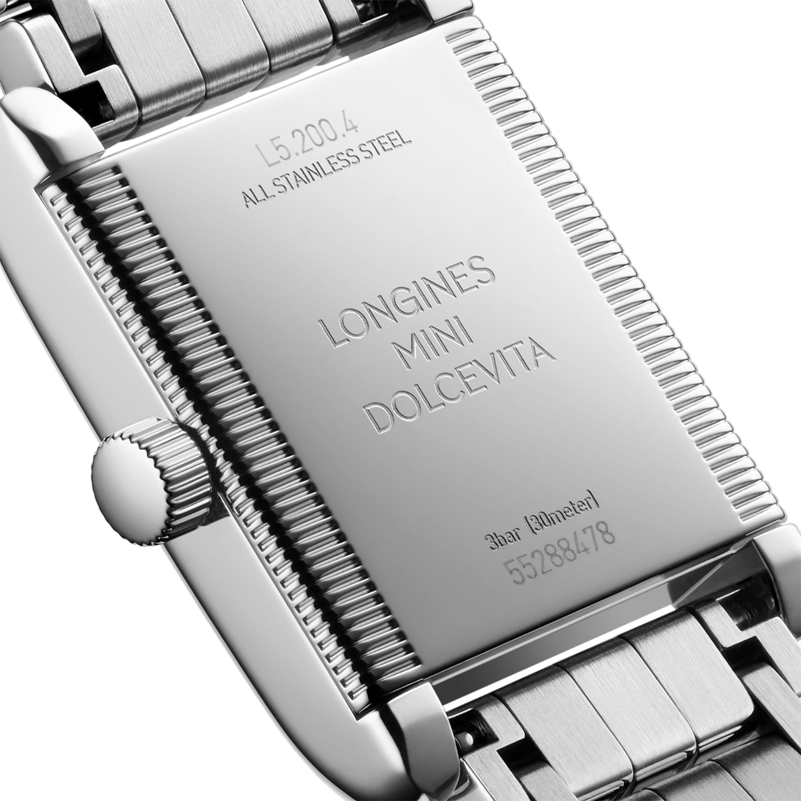 Back view of the Longines Mini DolceVita, showcasing engraved model details, water resistance, and serial number on its stainless steel case.