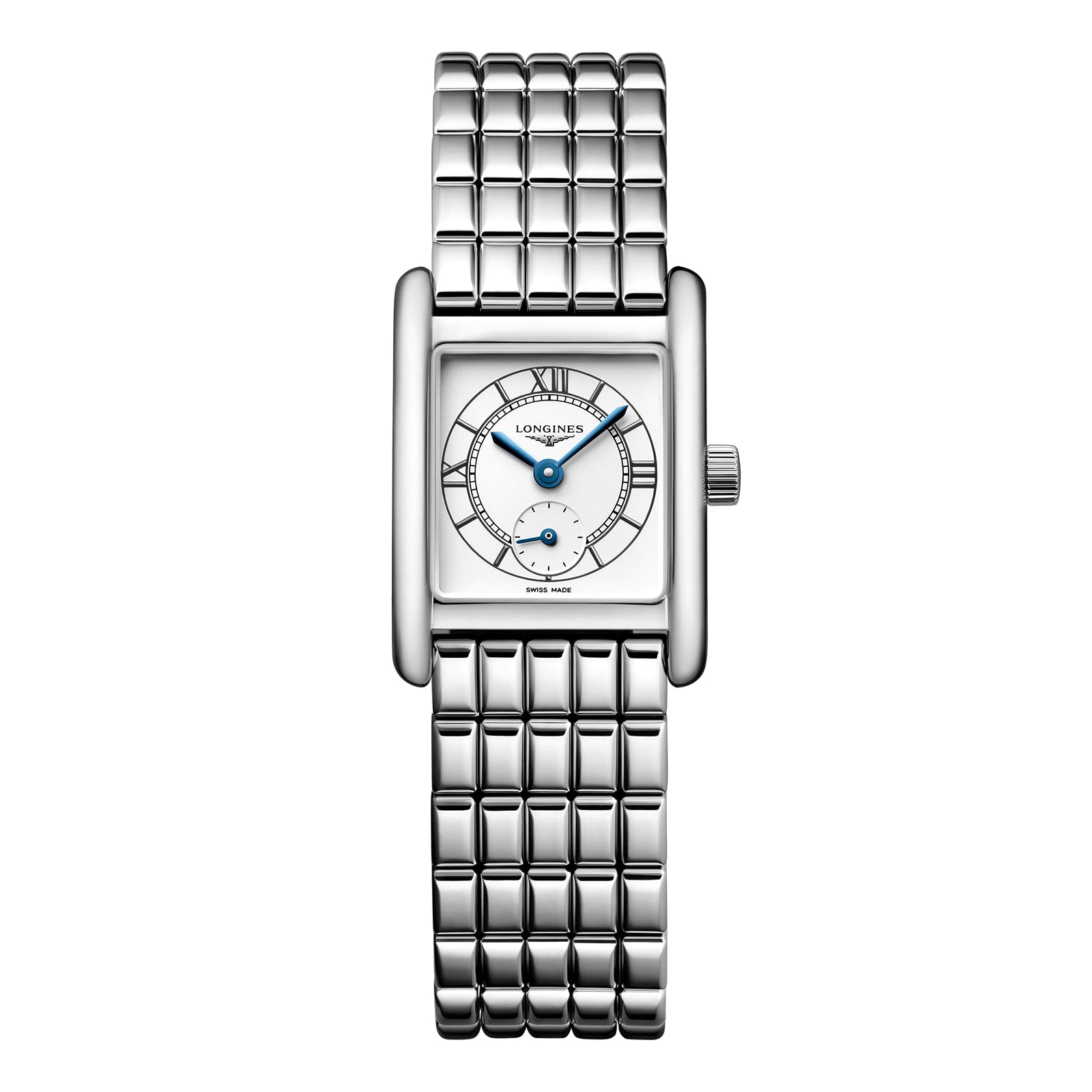 The Longines Mini DolceVita is a rectangular silver wristwatch featuring a metal link band, white dial with Roman numerals, and blue hands, blending elegance with contemporary style.