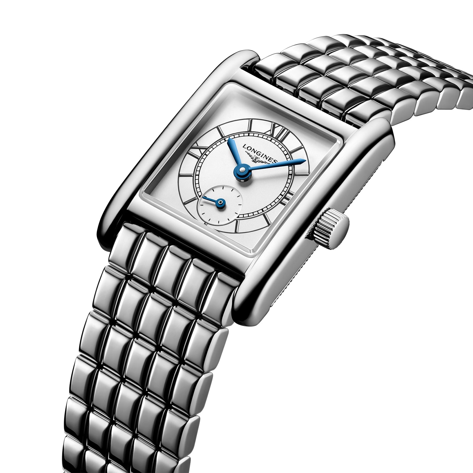 The Longines Mini DolceVita features a rectangular silver case, metal link band, white dial with blue hands, and a subdial—an elegant wristwatch that exudes contemporary sophistication from every angle.