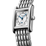 The Longines Mini DolceVita features a rectangular case, silver metal bracelet, white dial with blue hands, and a small seconds subdial at 6 oclock—a refined choice for lovers of sophisticated, elegant timepieces.