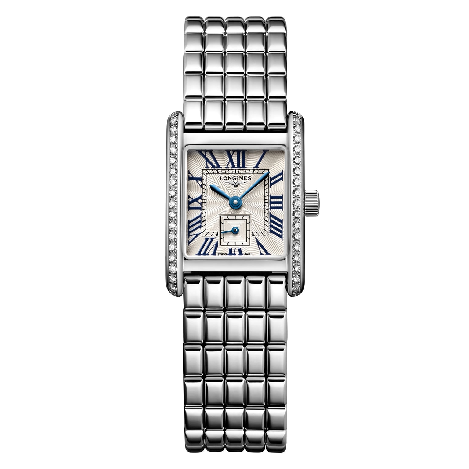 The Longines Mini DolceVita features a rectangular stainless steel case, metal link band, Top Wesselton diamond-set bezel, white dial with blue hands, and Roman numeral markers.
