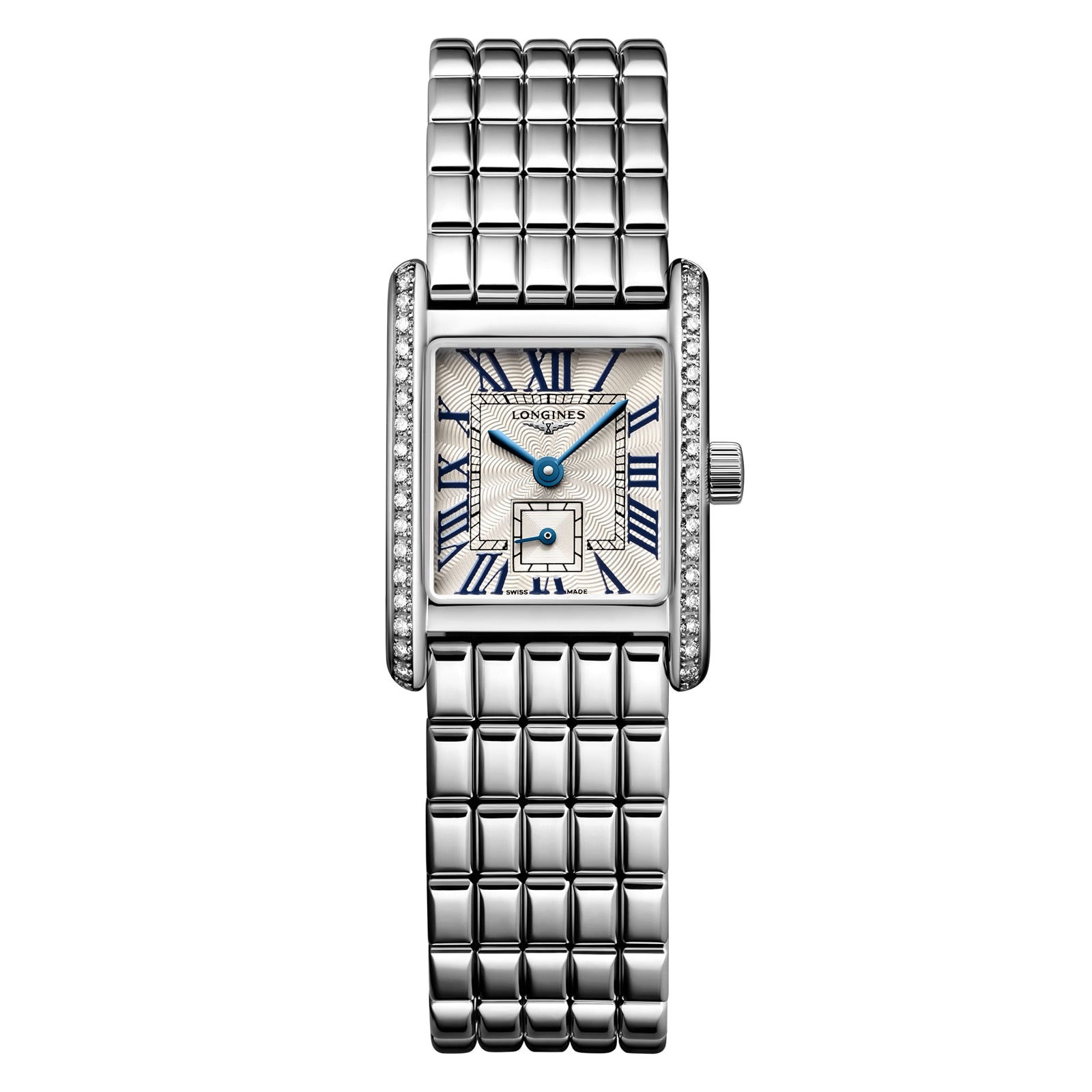 The Longines Mini DolceVita features a rectangular stainless steel case, metal link band, Top Wesselton diamond-set bezel, white dial with blue hands, and Roman numeral markers.