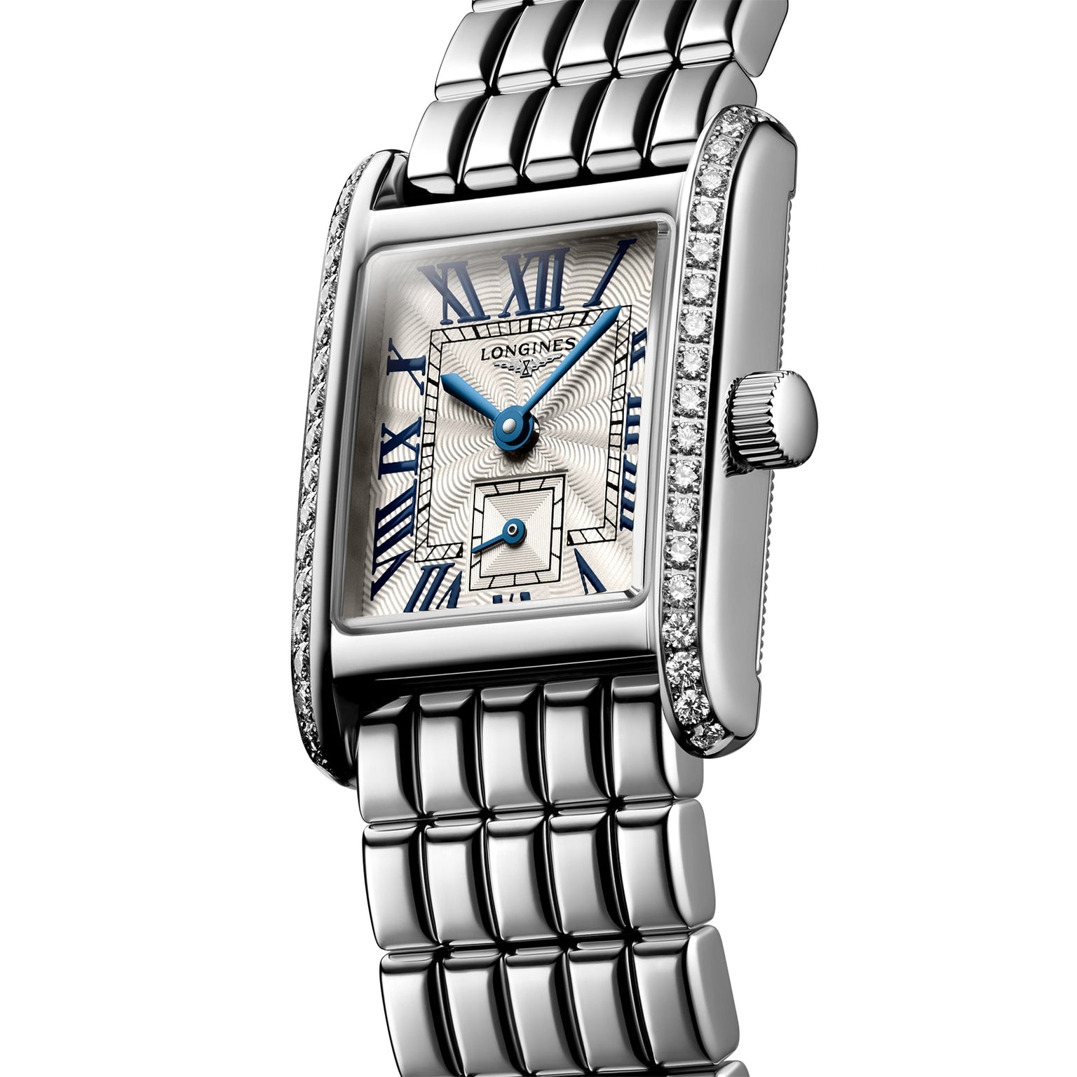 The Longines Mini DolceVita features a silver rectangular case, blue Roman numerals and hands, Top Wesselton diamond accents, and a stainless steel link bracelet.