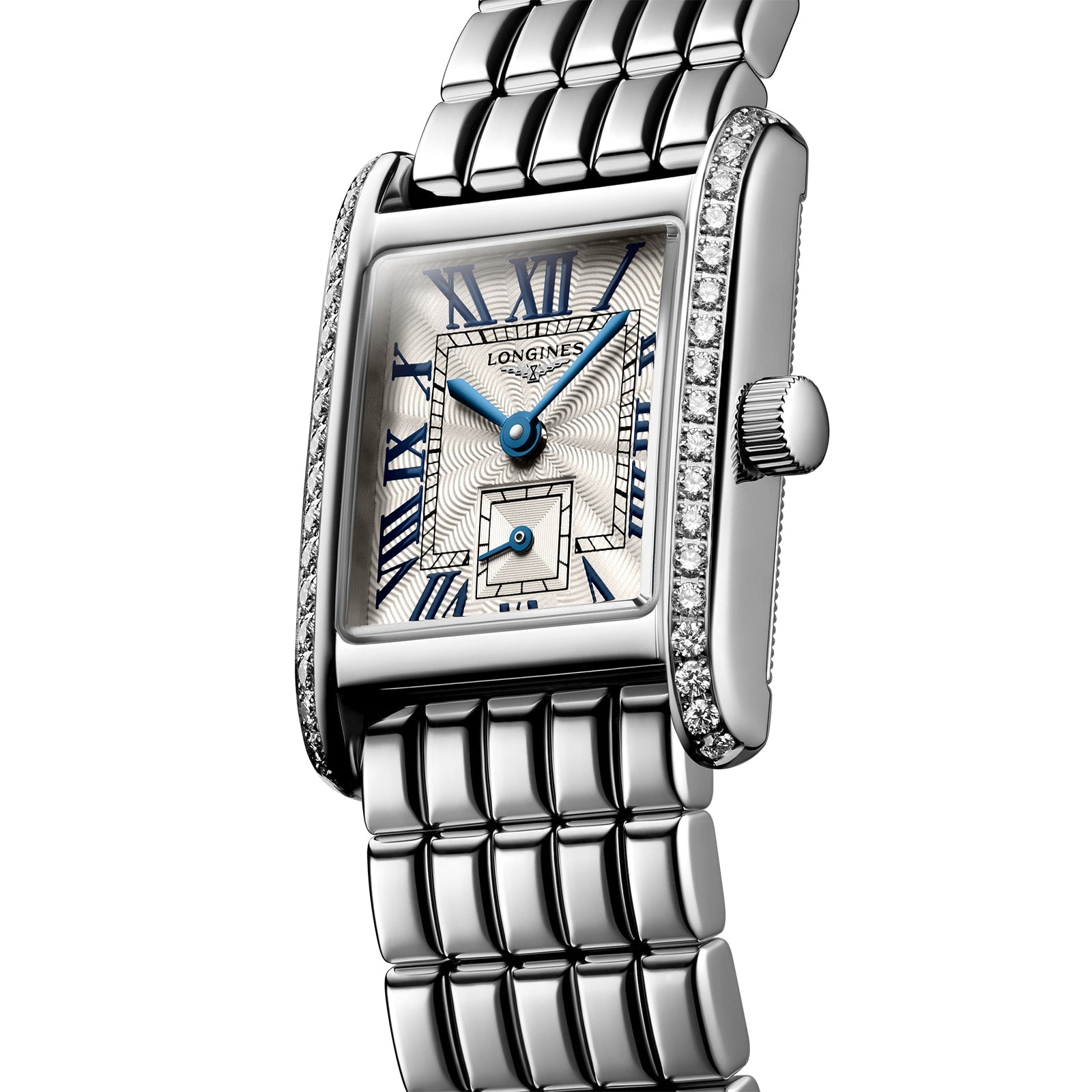 The Longines Mini DolceVita features a silver rectangular case, blue Roman numerals and hands, Top Wesselton diamond accents, and a stainless steel link bracelet.