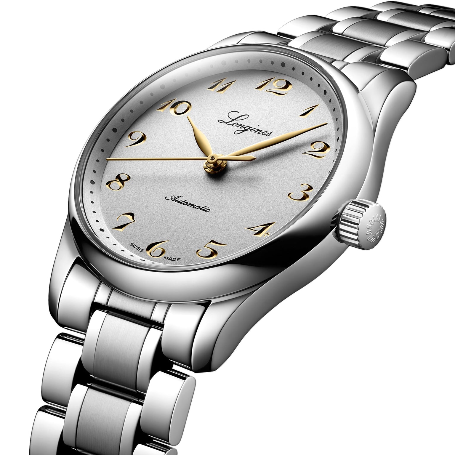 A Longines Master Collection wristwatch with a silver metallic band, gold hour markers and hands, and the brand name on the dial. The classic timepiece displays 10:10, reflecting its automatic movement precision.