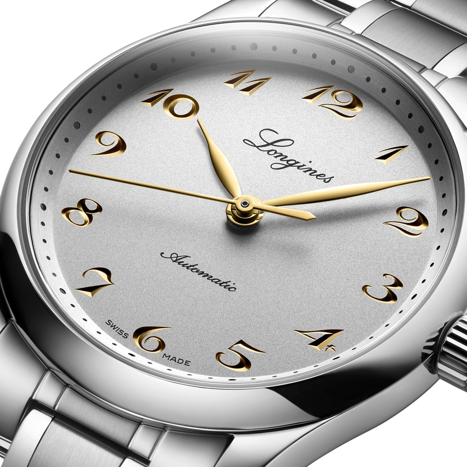 Close-up of the Longines Master Collection wristwatch, featuring gold numerals and hands, a stainless steel band, and Automatic on the dial—highlighting Longines precise automatic movement and signature craftsmanship.