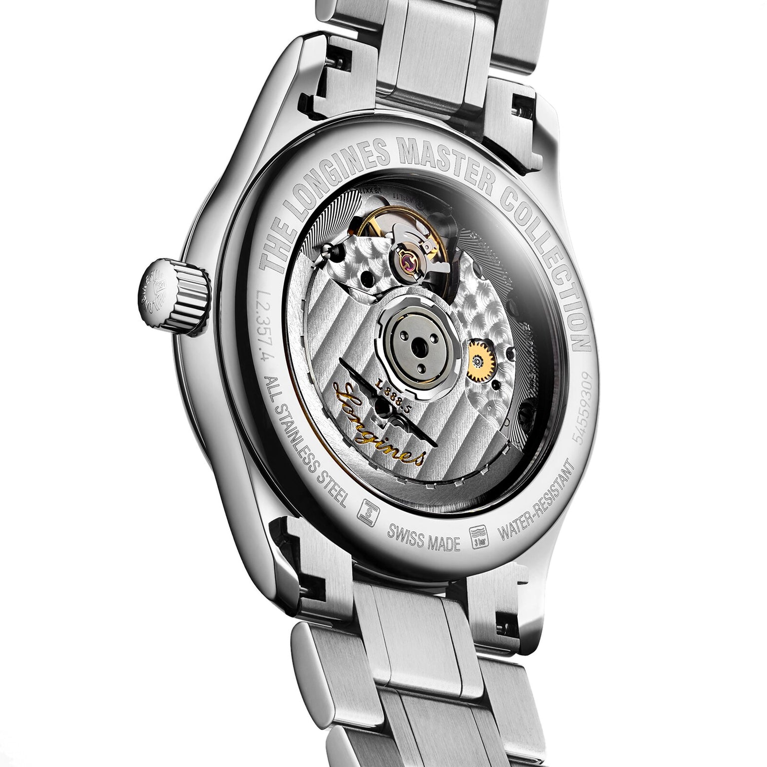 Close-up of the Longines Master Collection watch’s transparent case back, showcasing its automatic movement, noted accuracy, and stainless steel bracelet.