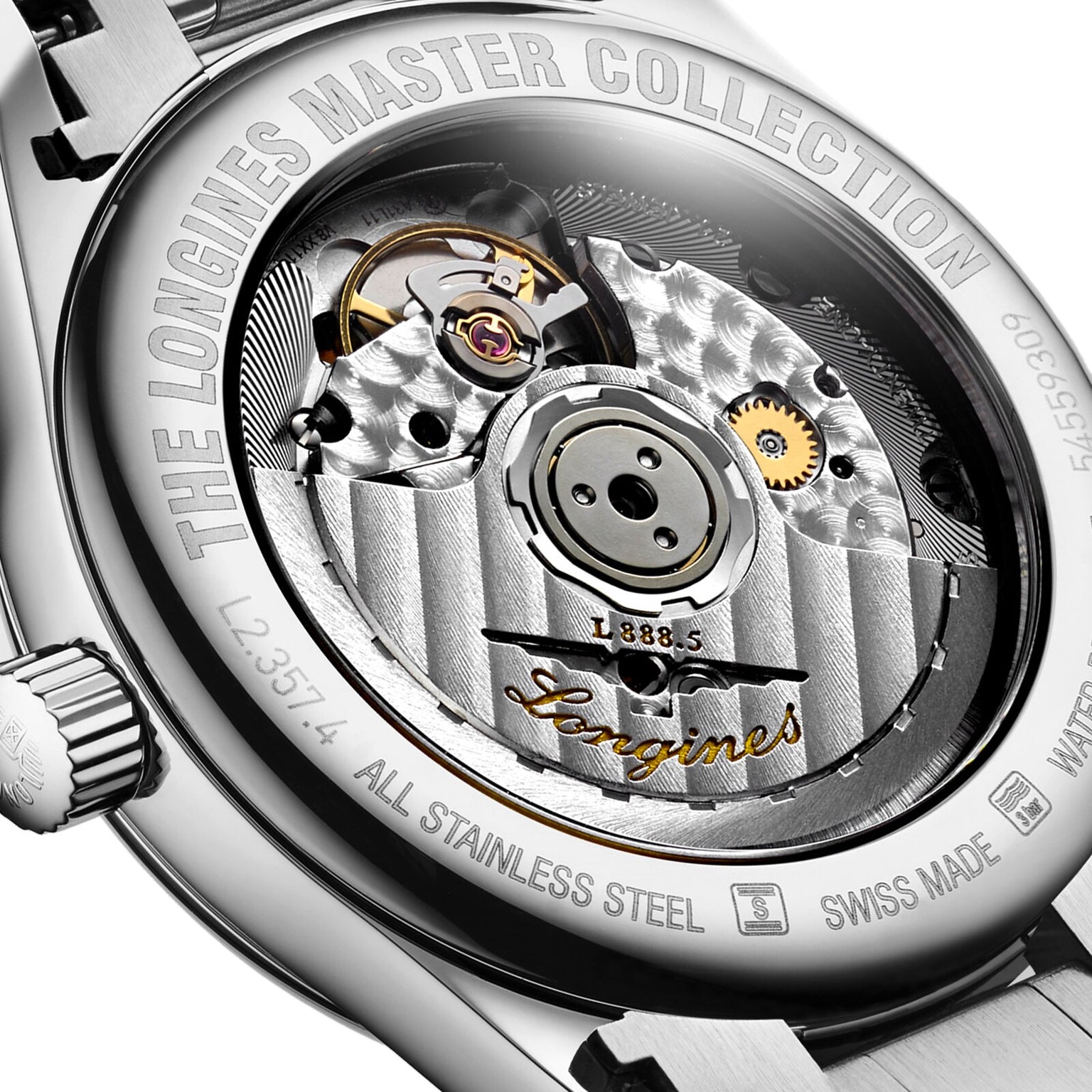 Close-up of the Longines Master Collection watch back case, featuring exposed automatic movement and engraved branding that reflect the precision and craftsmanship of this renowned timepiece.
