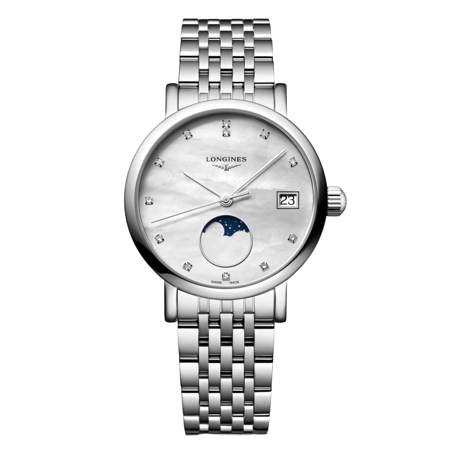 The Longines Elegant Collection Moonphase watch features a round silver case, moonphase indicator, diamond indexes, date display at 3 o’clock, and a metal link bracelet.