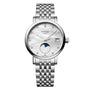 The Longines Elegant Collection Moonphase watch features a round silver case, moonphase indicator, diamond indexes, date display at 3 o’clock, and a metal link bracelet.