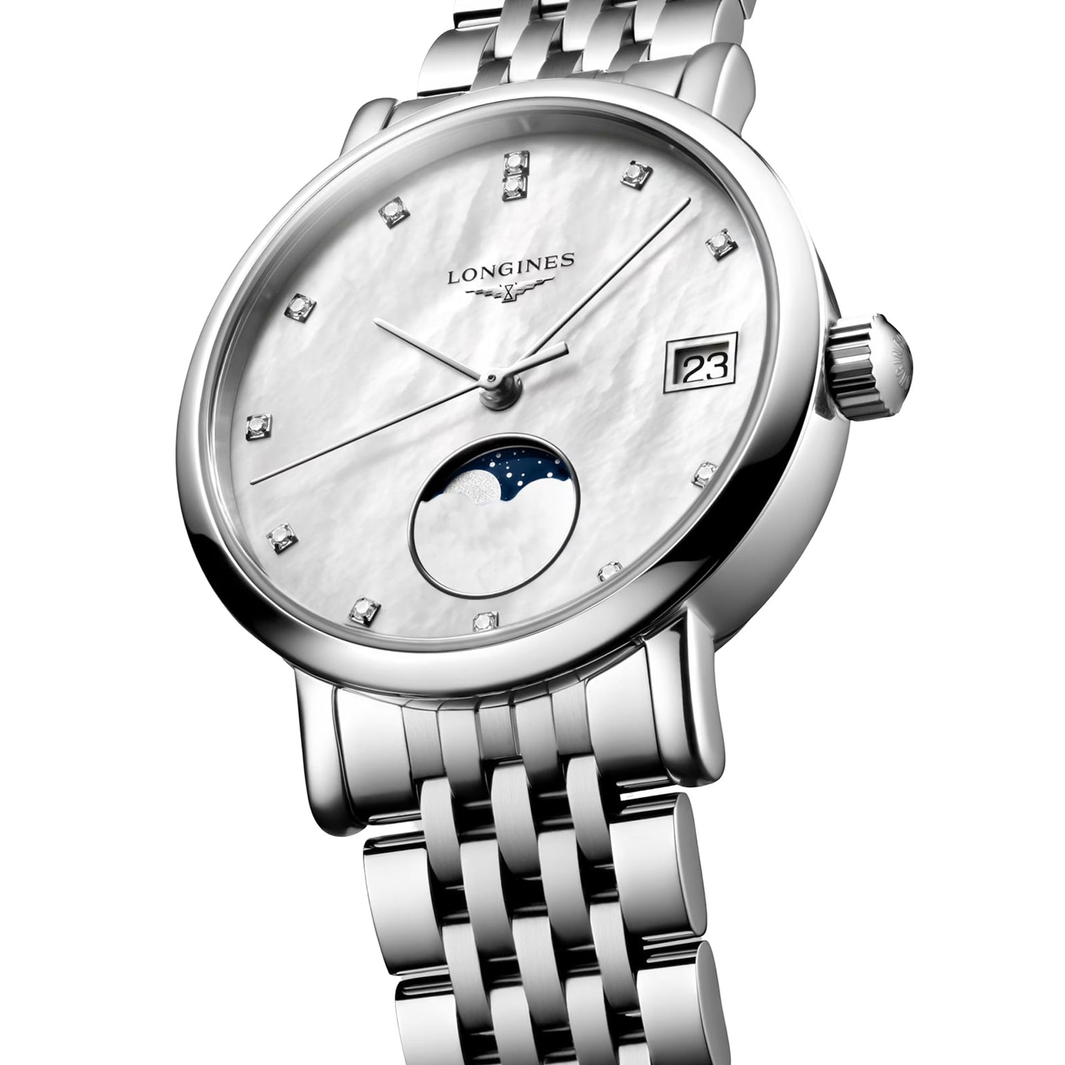 The Longines Elegant Collection Moonphase is a silver wristwatch with a white dial, diamond indexes, date display, moon phase subdial, quartz movement, and a metal link bracelet.