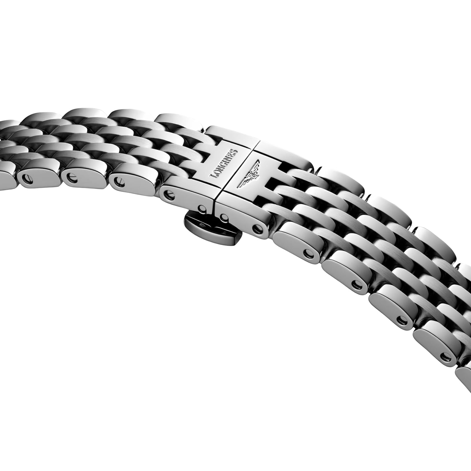 Close-up view of a stainless steel watch bracelet with a clasp engraved with the Longines logo and Elegant Collection Moonphase, part of a refined series known for its sophisticated design and quartz movement.