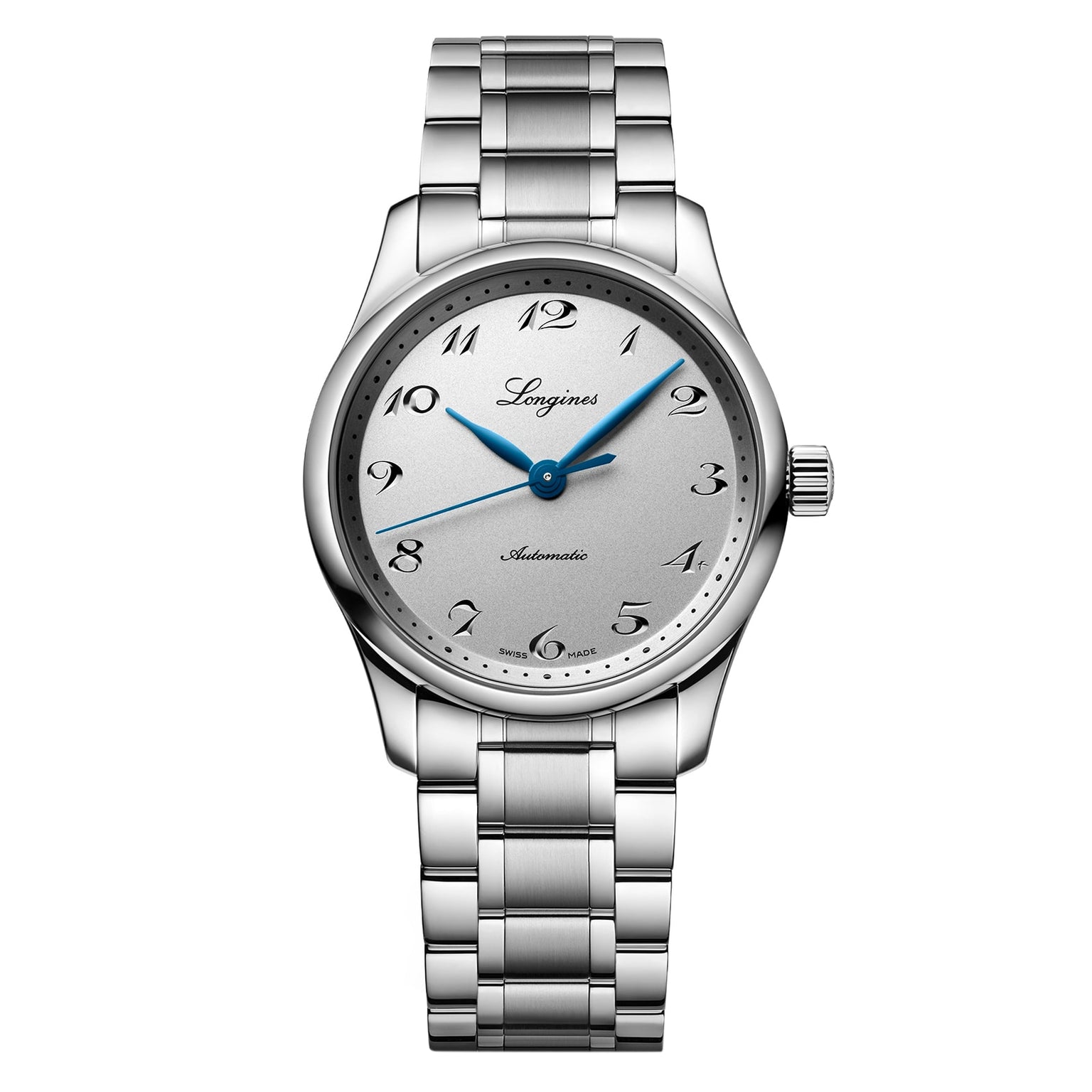The Longines Master Collection features a stainless steel wristwatch with a silver dial, blue hands, Arabic numerals, metal link bracelet, and automatic movement for exceptional accuracy. The watch face displays the Longines logo.