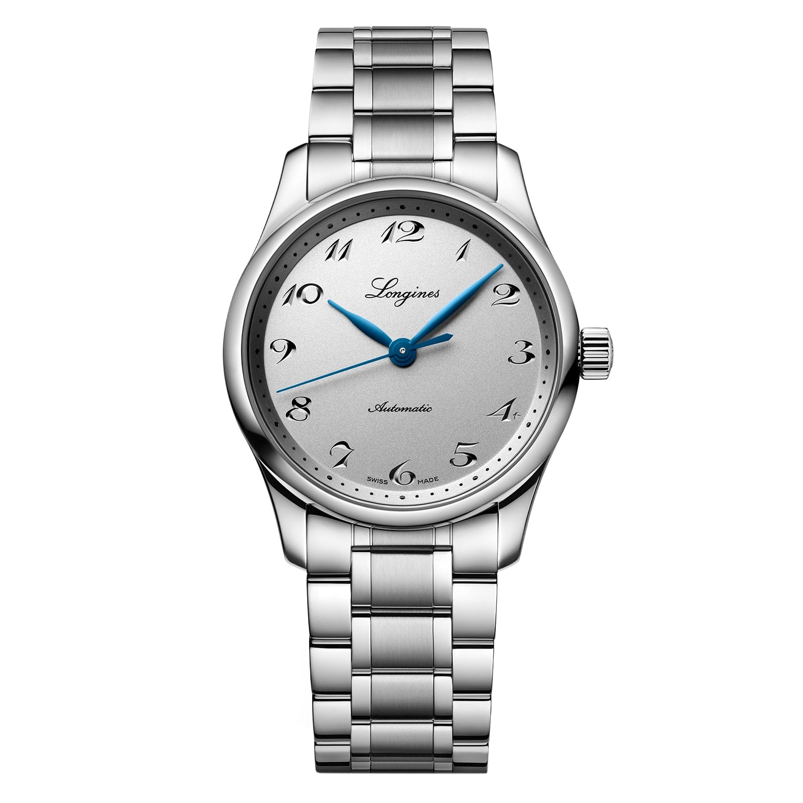 The Longines Master Collection features a stainless steel wristwatch with a silver dial, blue hands, Arabic numerals, metal link bracelet, and automatic movement for exceptional accuracy. The watch face displays the Longines logo.