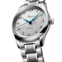 The Longines Master Collection silver wristwatch features automatic movement, blue hands, black numerals, and a metal link band, displayed at an angle on a white background.