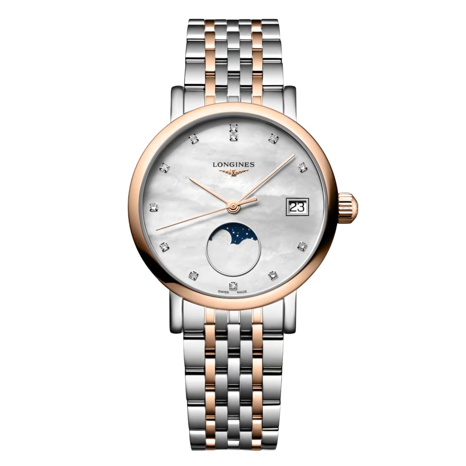 The Longines Elegant Collection Moonphase watch features a two-tone silver and rose gold bracelet, diamond hour markers, moonphase display, date at 3 o’clock, and a white mother-of-pearl dial.