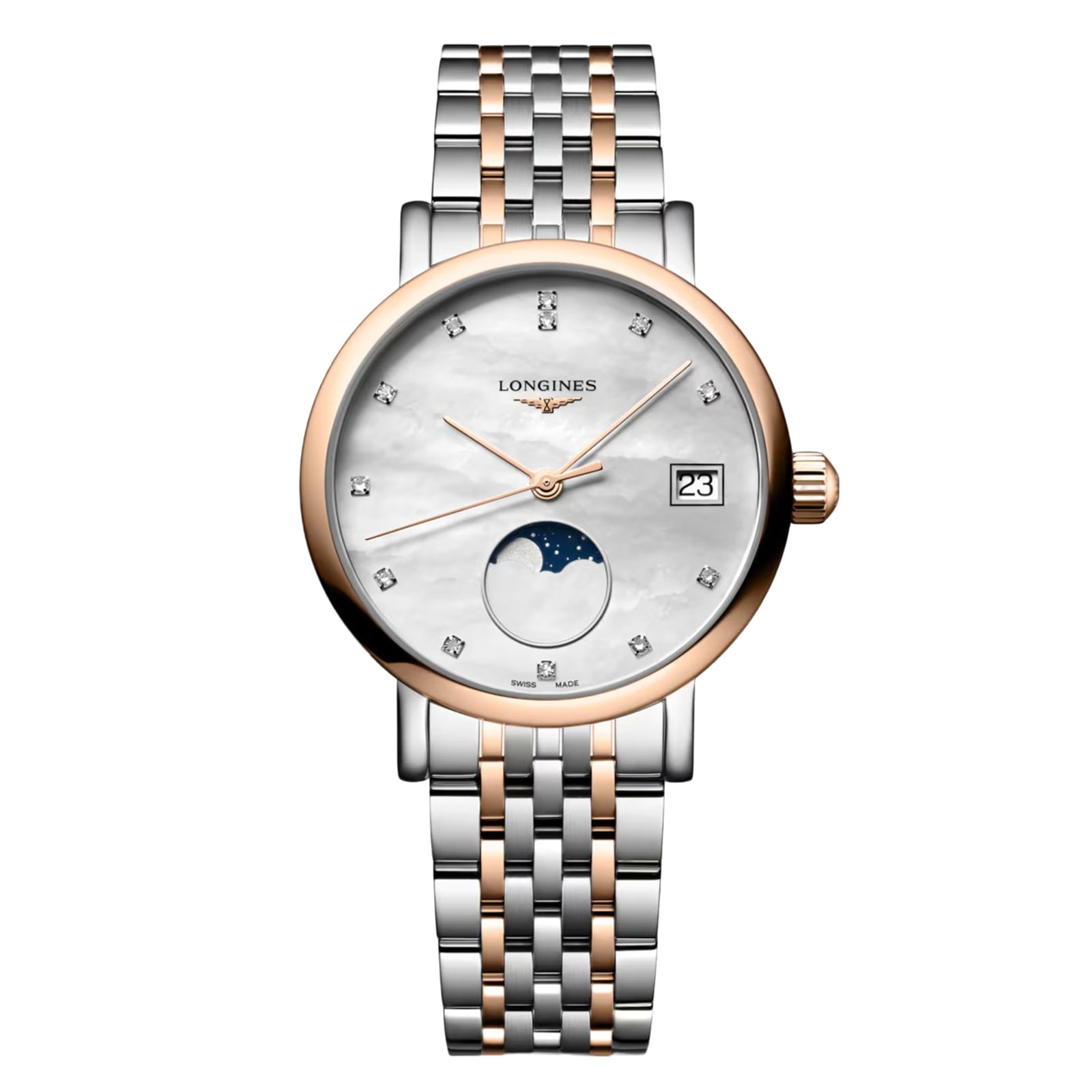 The Longines Elegant Collection Moonphase watch features a two-tone silver and rose gold bracelet, diamond hour markers, moonphase display, date at 3 o’clock, and a white mother-of-pearl dial.