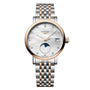 The Longines Elegant Collection Moonphase watch features a two-tone silver and rose gold bracelet, diamond hour markers, moonphase display, date at 3 o’clock, and a white mother-of-pearl dial.