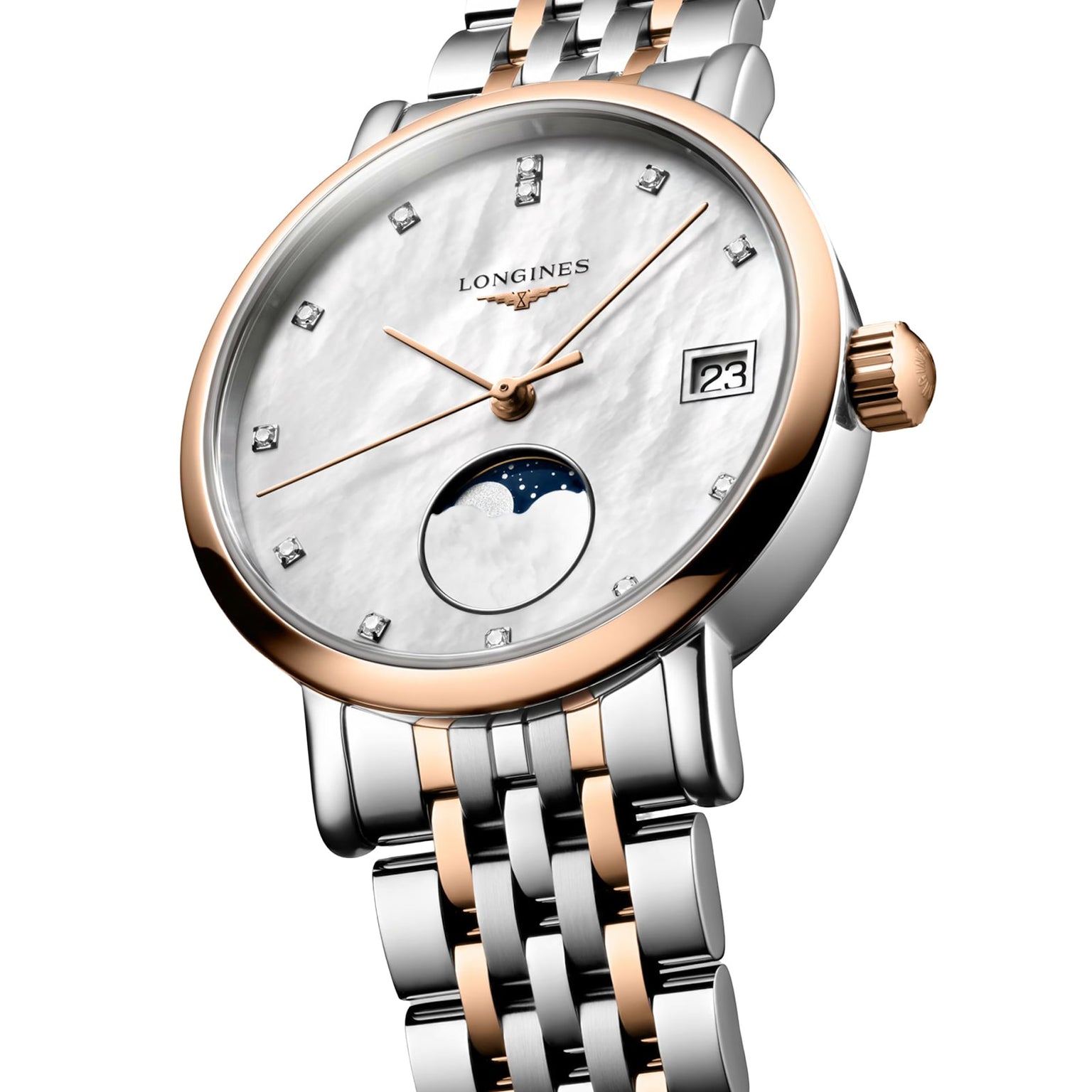 The Longines Elegant Collection Moonphase wristwatch features a white dial, diamond hour markers, date window, moonphase display, and a two-tone silver and gold metal bracelet.