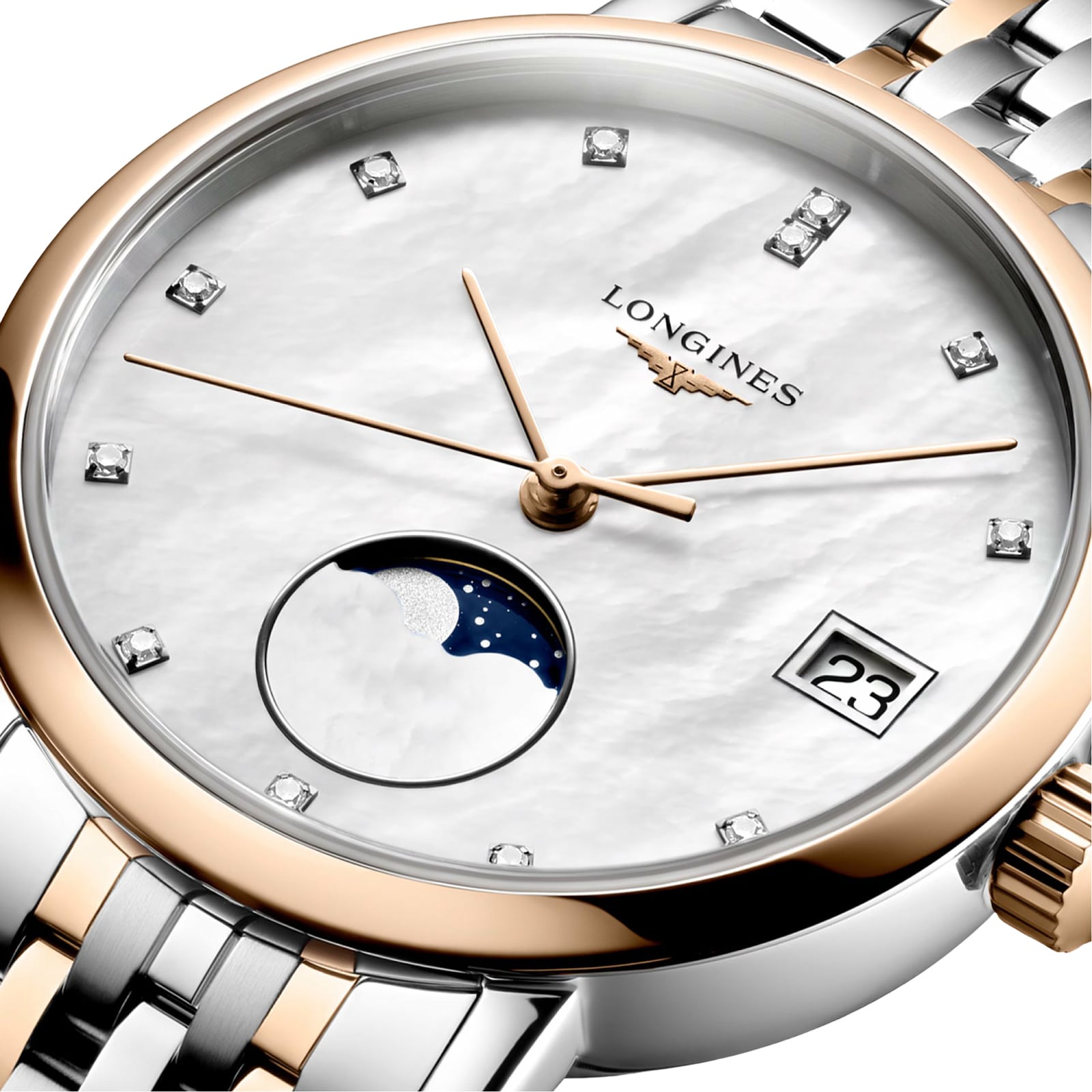 Close-up of the Longines Elegant Collection Moonphase wristwatch with a mother-of-pearl dial, gold and silver case, diamond hour markers, date at 3 oclock, and moonphase display at 6 oclock.