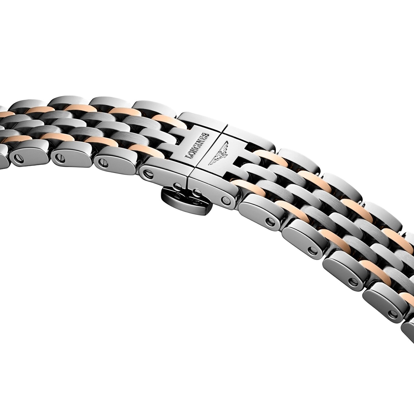 Close-up of the Longines Elegant Collection Moonphase two-tone bracelet, featuring alternating silver and rose gold links with a butterfly clasp.