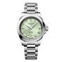 The Longines Conquest is a silver wristwatch with a metal band, light green dial, Swiss Super-LumiNova® for better visibility, and a date display at 6 oclock.