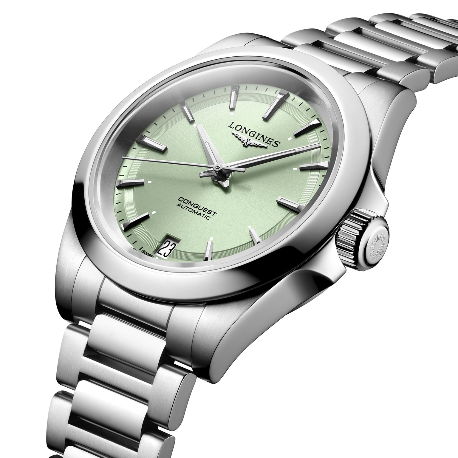 The Longines Conquest features a stainless steel case, green dial with silver markers and hands enhanced by Swiss Super-LumiNova®, date at 6 o’clock, and “Longines Conquest Automatic” on the dial.