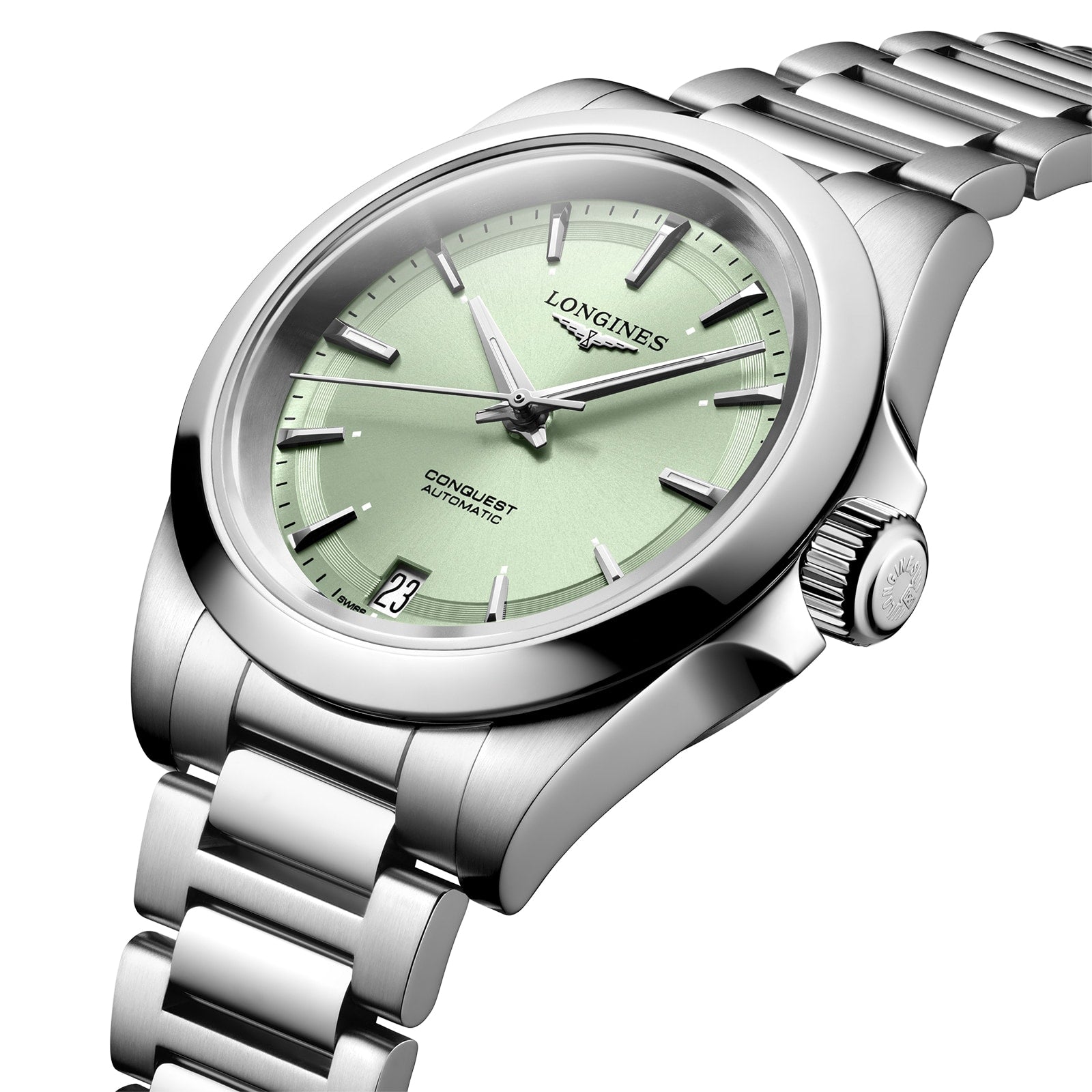 The Longines Conquest features a stainless steel case, green dial with silver markers and hands enhanced by Swiss Super-LumiNova®, date at 6 o’clock, and “Longines Conquest Automatic” on the dial.