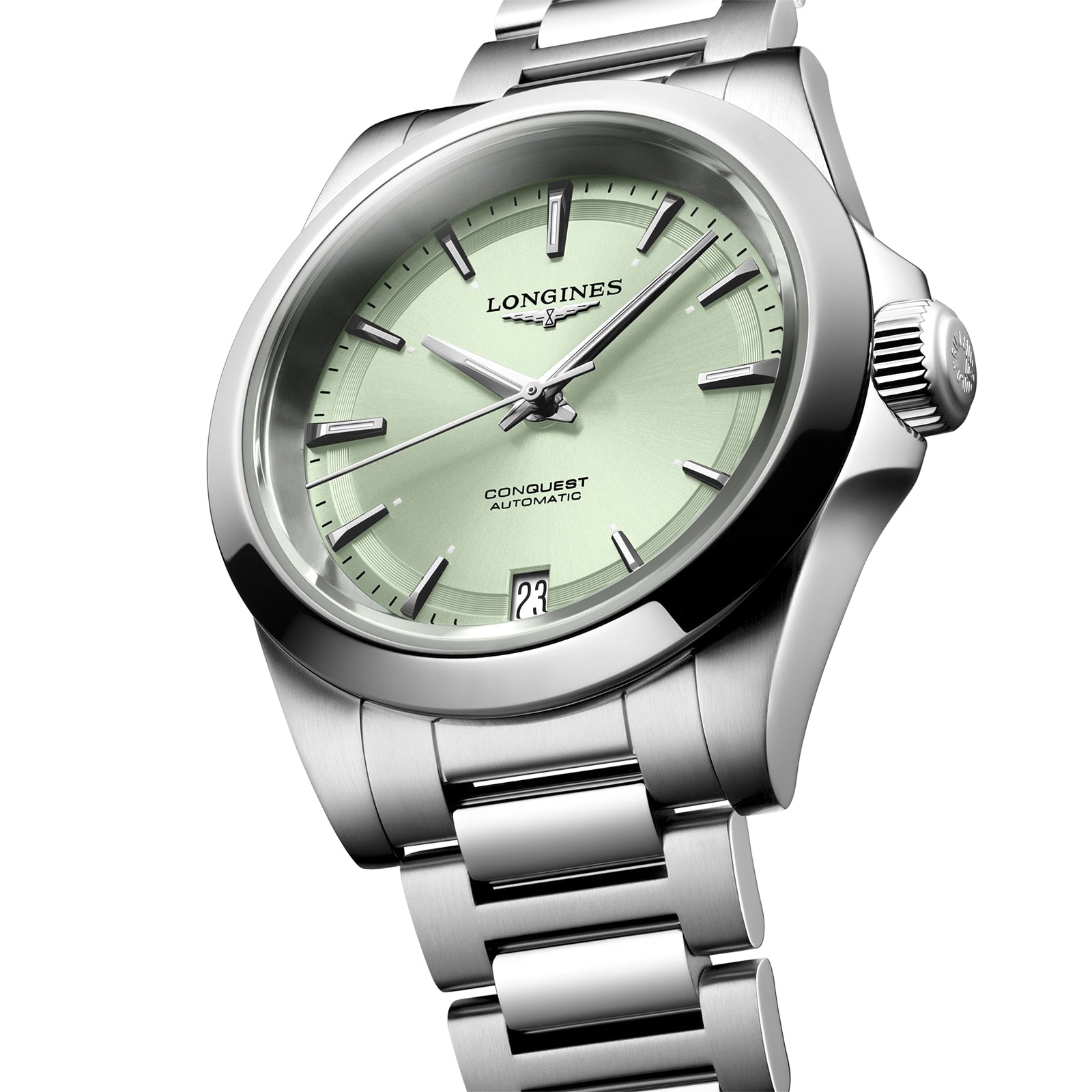 The Longines Conquest features a silver case, mint green dial, metal bracelet, and date display at 6 o’clock.