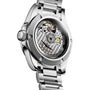 Close-up of the Longines Conquest watch’s stainless steel back, revealing its Caliber L888 automatic movement through a transparent case back.