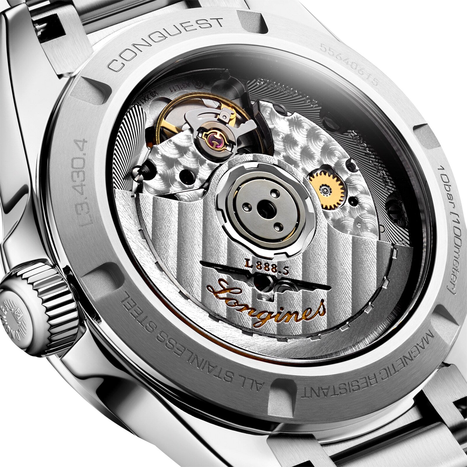 Close-up of the Longines Conquest watch’s transparent case back unveils its intricate Caliber L888 movement, while Swiss Super-LumiNova® accents highlight its refined craftsmanship.