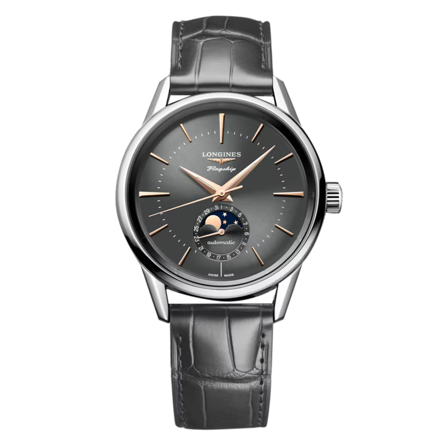 The Longines Flagship Heritage Moonphase boasts a grey dial, silver hands, moon phase at 6 o’clock, and a grey leather strap—a timeless Swiss masterpiece.
