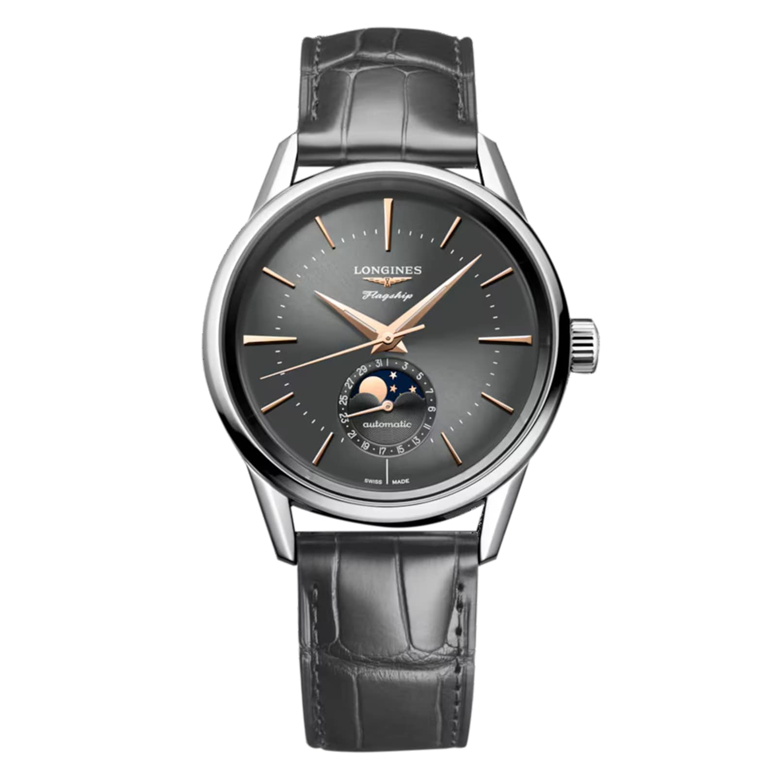 The Longines Flagship Heritage Moonphase boasts a grey dial, silver hands, moon phase at 6 o’clock, and a grey leather strap—a timeless Swiss masterpiece.