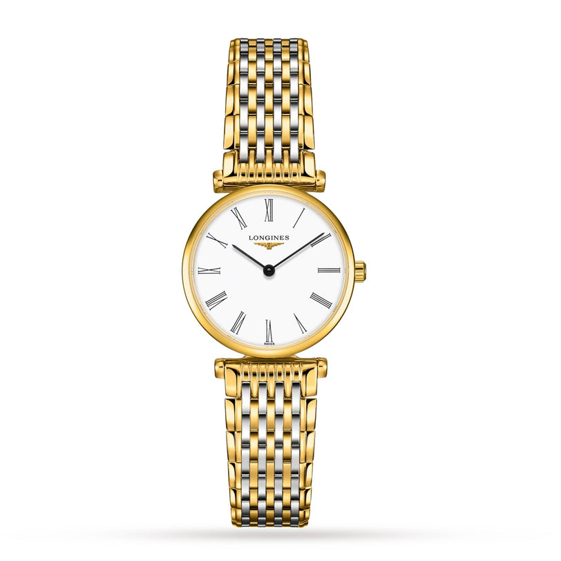 The Longines La Grande Classique de LONGINES features a gold link bracelet, white round dial, Roman numerals, and black hands, offering timeless elegance and sophistication against a white background.