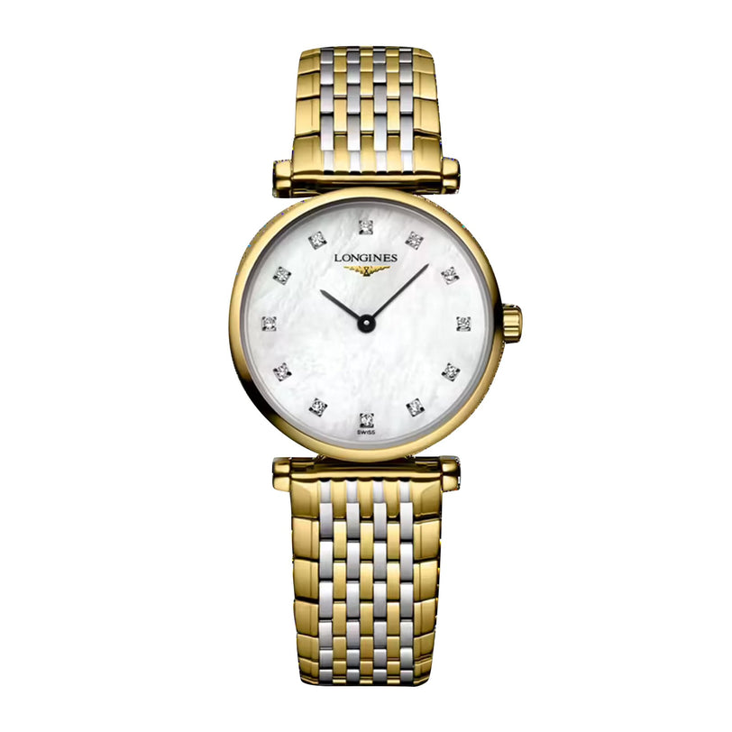 The Longines La Grande Classique de LONGINES wristwatch features a round white dial with diamond hour markers and a two-tone gold and silver metal link bracelet.