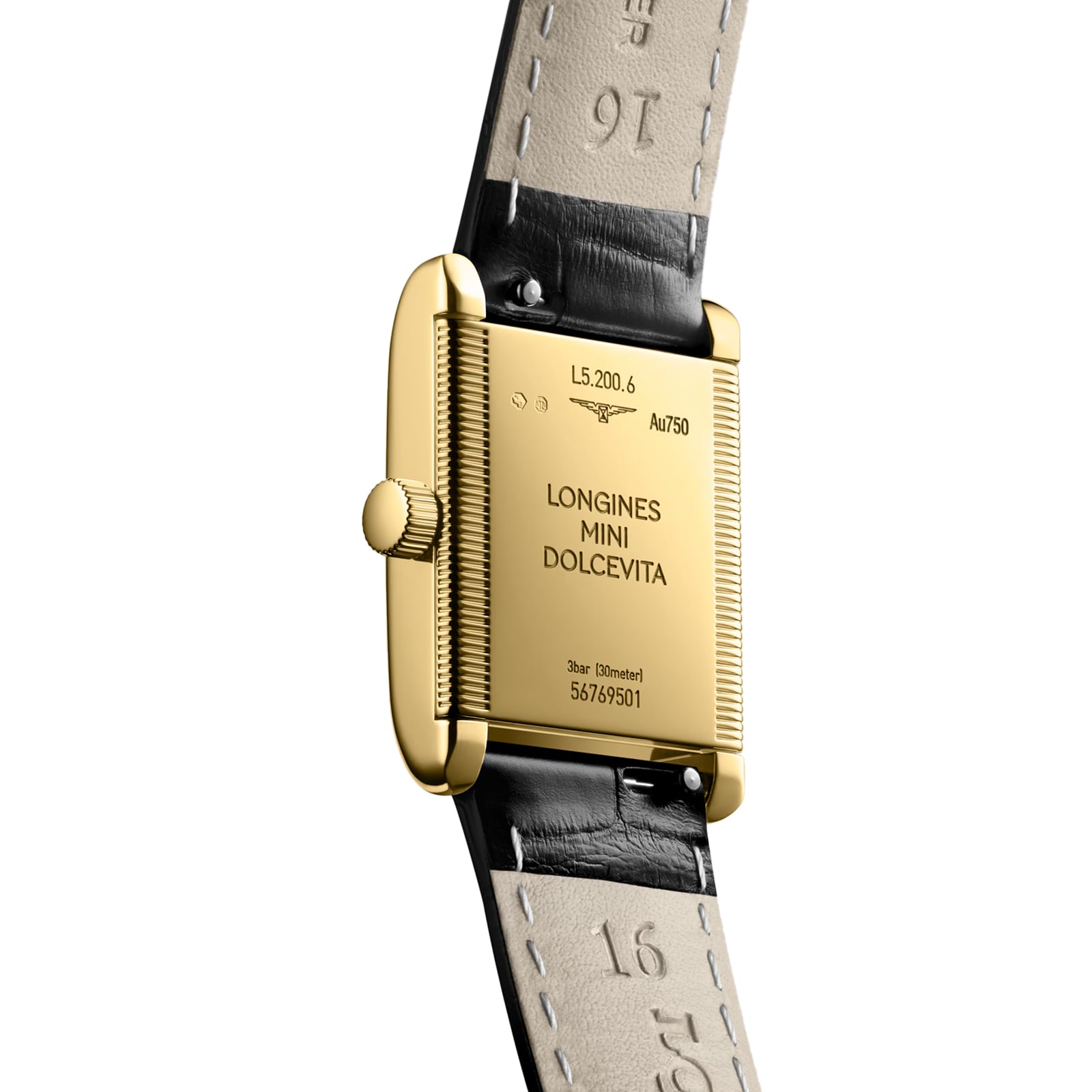 Close-up of the Longines Mini DolceVita wristwatch’s gold case and black leather strap, showcasing engraved model details—an elegant statement from Longines in luxury watchmaking.