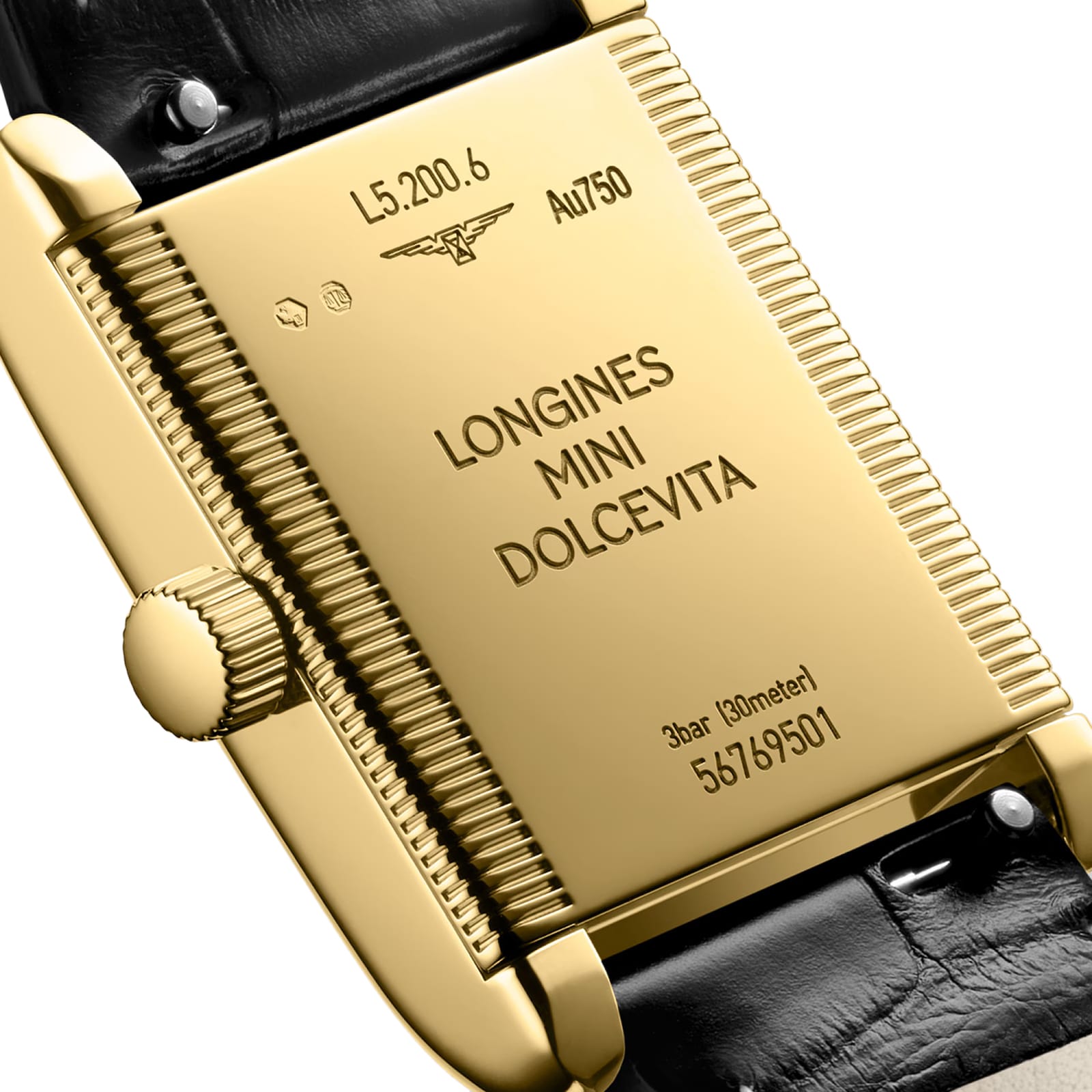Close-up of the back of a Longines Mini DolceVita watch, showcasing its engraved details and sleek black leather strap.