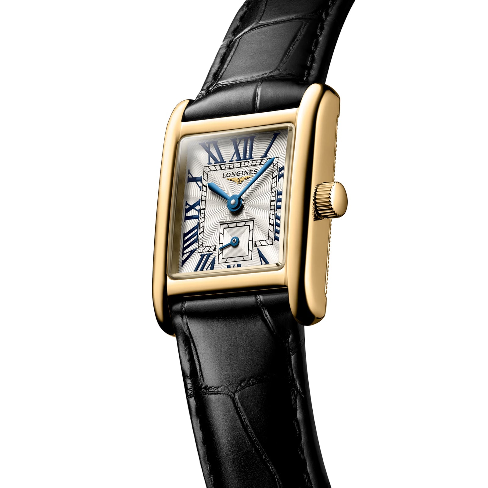 The Mini DolceVita by Longines is a gold rectangular luxury watch with a white dial, blue hands, Roman numerals, date window, and black leather strap.