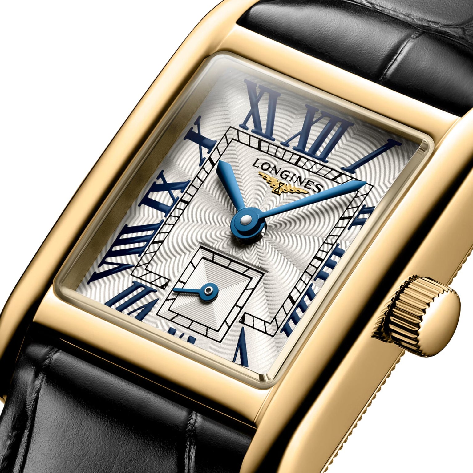 Close-up of a rectangular gold Longines Mini DolceVita wristwatch featuring blue Roman numerals and hands, a white textured dial, and black leather strap—an elegant luxury timepiece from Longines.