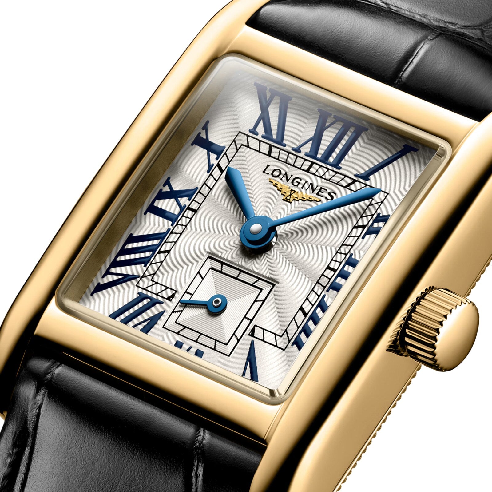 Close-up of a rectangular gold Longines Mini DolceVita wristwatch featuring blue Roman numerals and hands, a white textured dial, and black leather strap—an elegant luxury timepiece from Longines.
