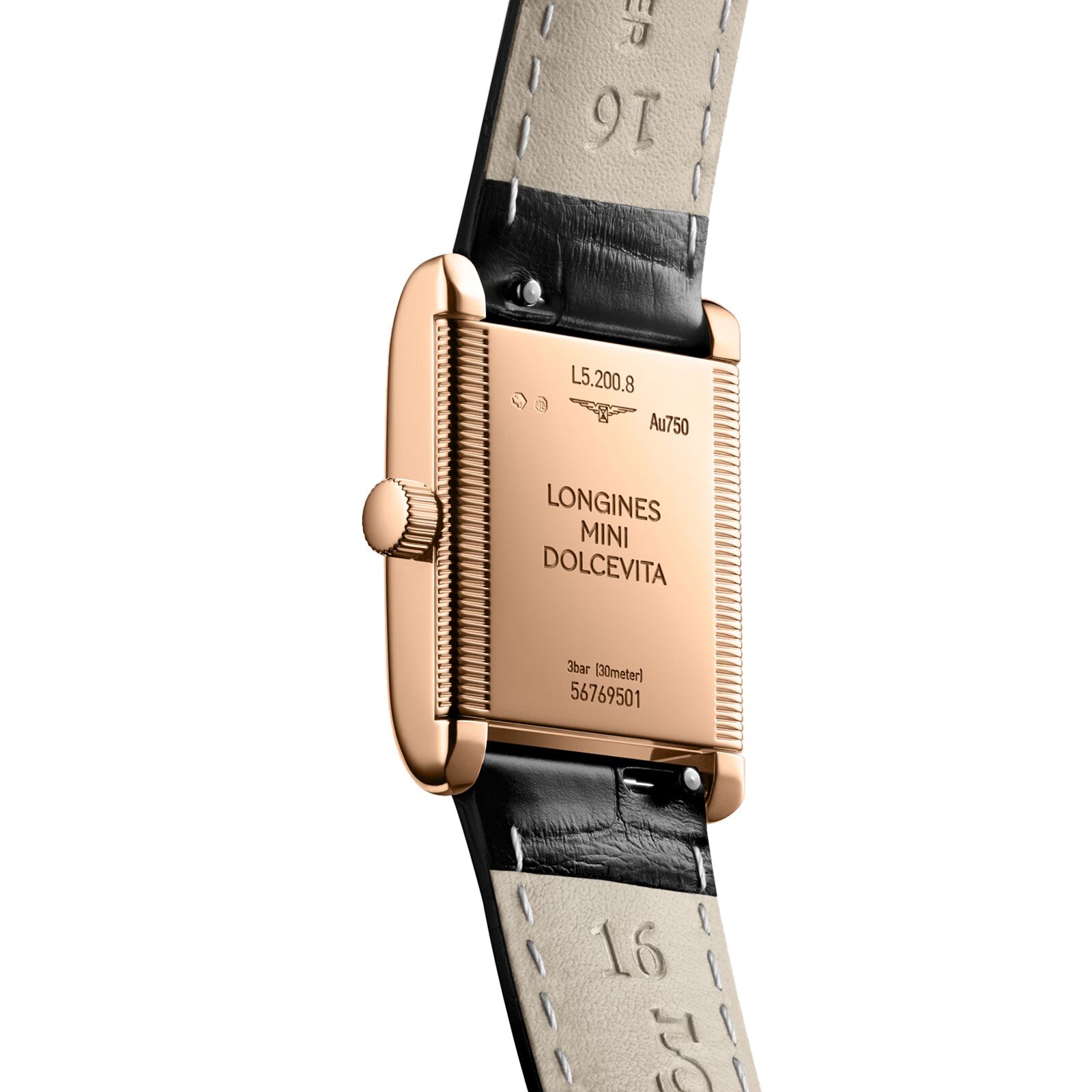 Close-up of the back of the Longines Mini DolceVita, showcasing its luxurious rose gold case and black leather strap, with visible model and serial numbers.