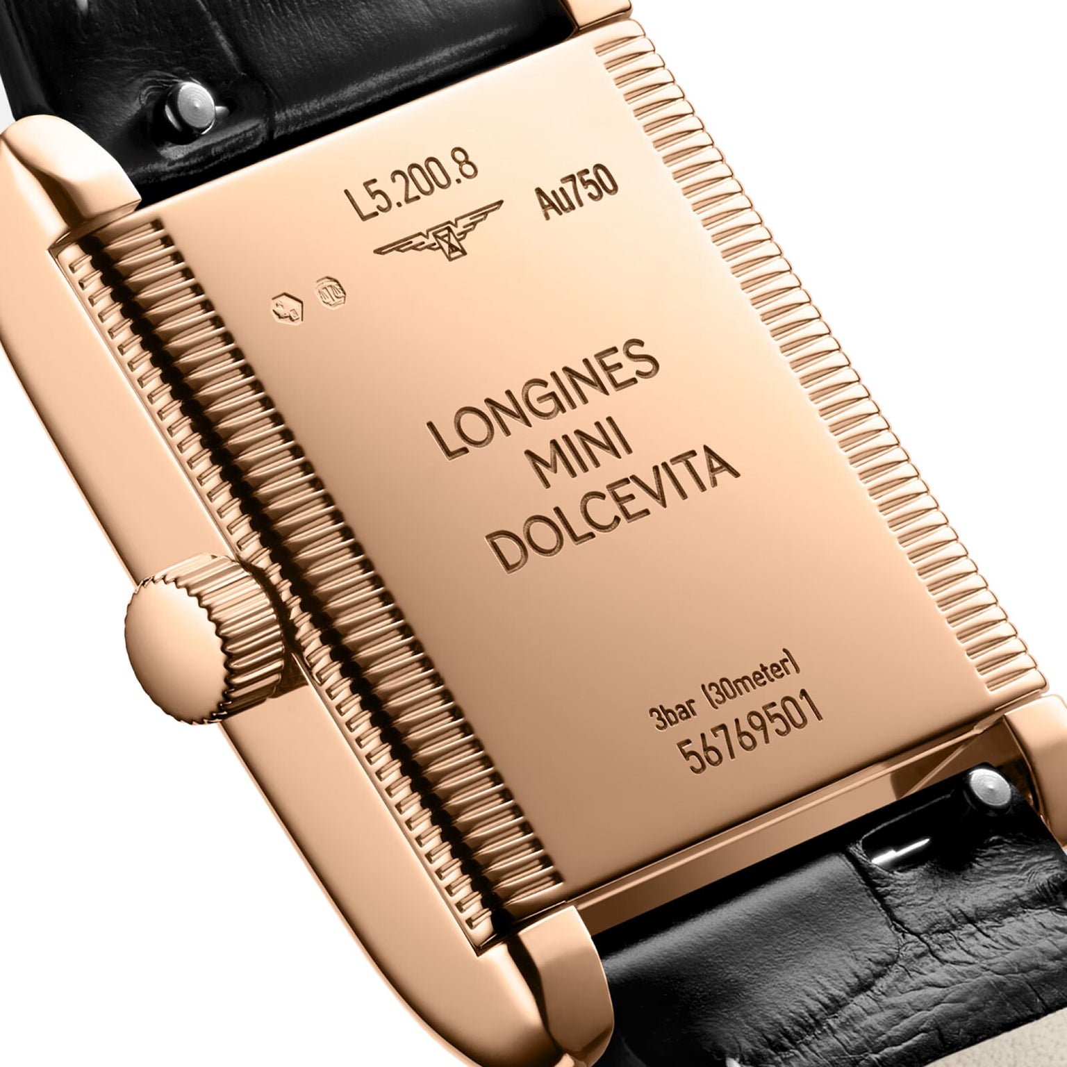 Back view of the Longines Mini DolceVita, featuring a rectangular gold case, model and serial numbers, and a classic black leather strap.