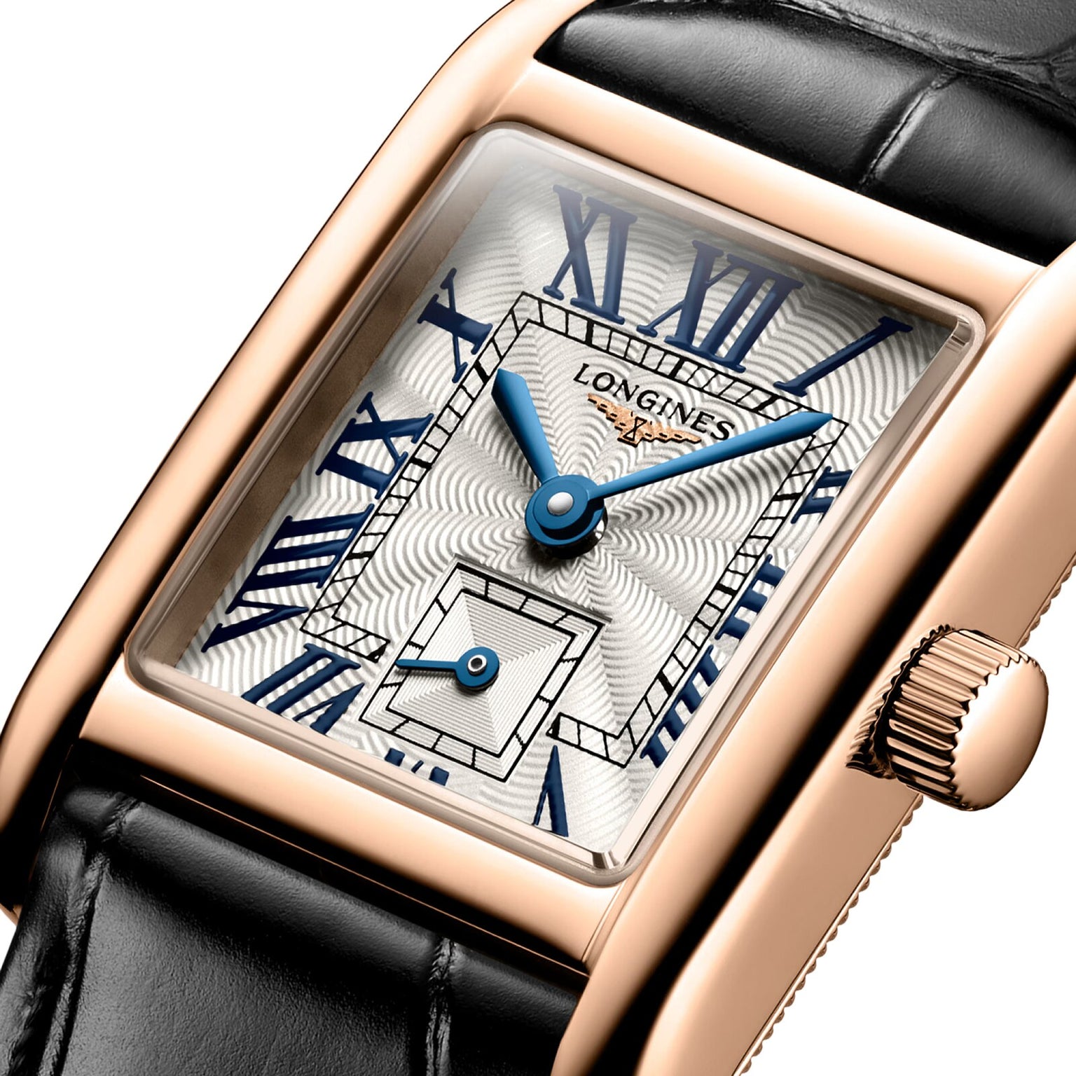 Close-up of the Longines Mini DolceVita watch, featuring a rose gold case, blue hands, Roman numerals, and a black leather strap—a timeless luxury accessory.